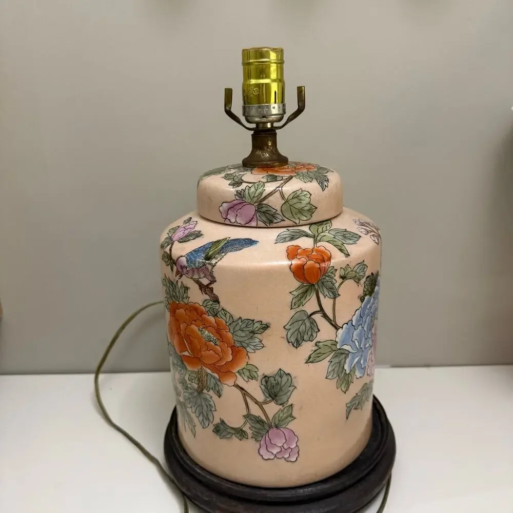 Chinese Ginger Jar Table Lamp Enamel Porcelain Pink Floral Bird Chinoiserie